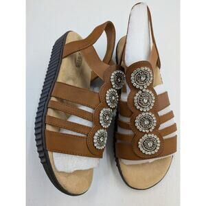 Women’s Size 10W Brown Rhinestone Comfort Sandals Wide Width Slip-On Casual Walk